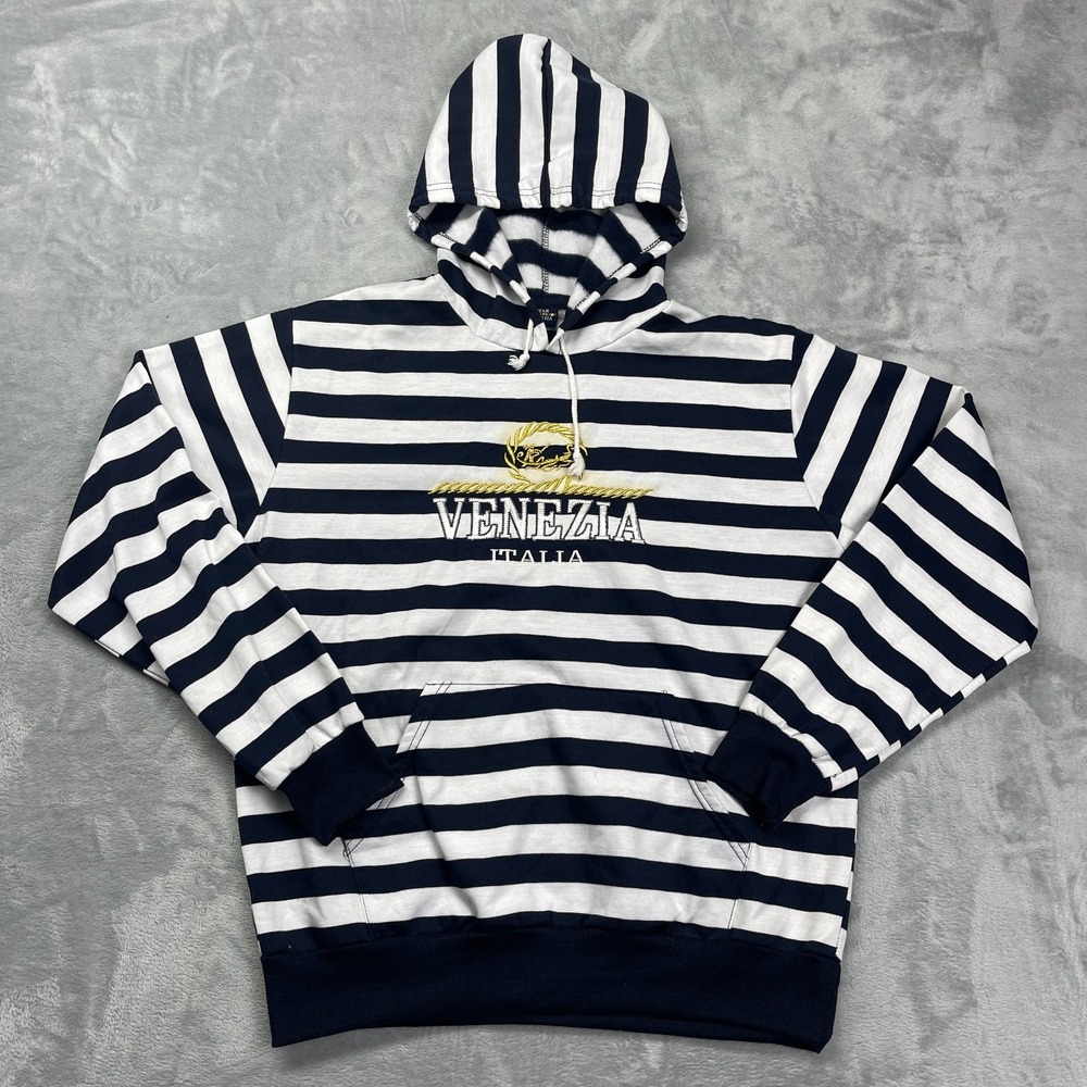 Star Venezia Hoodie Men XXL Navy White Striped Fleece Lined Long Sleeve Pullover